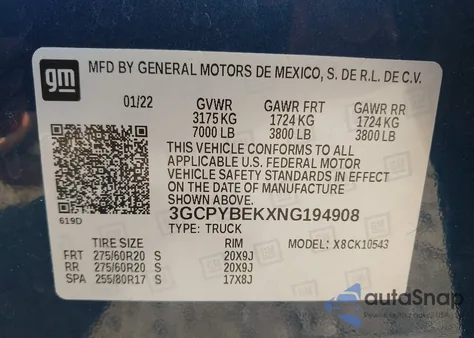 2022 Chevrolet Silverado 1500 Ltd 4Wd Short Bed Custom z USA, uszkodzony, nr VIN 3GCPYBEKXNG194908